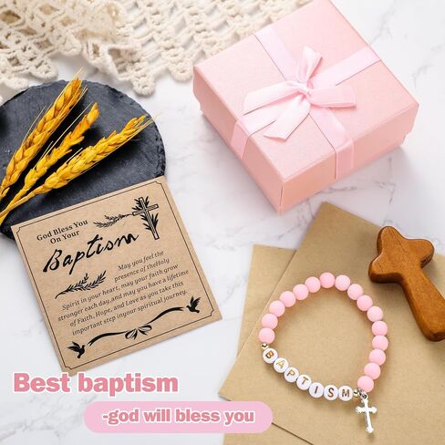 3 Pcs Pink Cross Baptism Bracelet for Girls with Pink Gift Box and Baptism Card First Communion Baptism Gifts Confirmation Christian Baptized Bracelet for Women Little Girls Teen Boys in Saudi Arabia