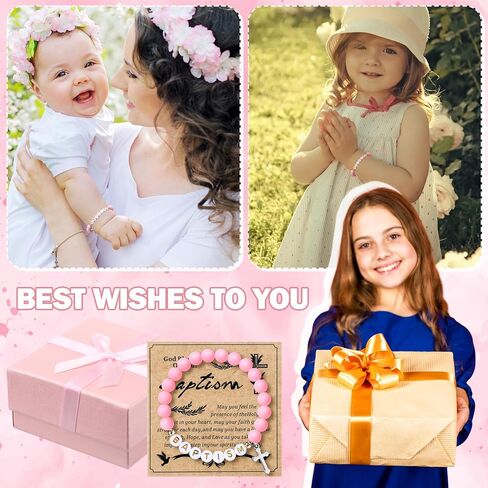 3 Pcs Pink Cross Baptism Bracelet for Girls with Pink Gift Box and Baptism Card First Communion Baptism Gifts Confirmation Christian Baptized Bracelet for Women Little Girls Teen Boys in Saudi Arabia