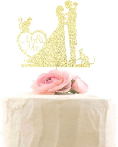 غلاف كعكة السيد والسيدة، العروس والعريس مع القطط صورة ظلية لتزيين كعكة الزفاف، زينة حفلات الحيوانات الأليفة للقطط، ذهبي لامع in Kuwait