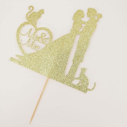 غلاف كعكة السيد والسيدة، العروس والعريس مع القطط صورة ظلية لتزيين كعكة الزفاف، زينة حفلات الحيوانات الأليفة للقطط، ذهبي لامع in Kuwait