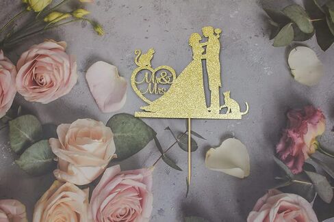 غلاف كعكة السيد والسيدة، العروس والعريس مع القطط صورة ظلية لتزيين كعكة الزفاف، زينة حفلات الحيوانات الأليفة للقطط، ذهبي لامع in Kuwait