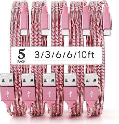 كابل USB إلى USB C (5 حزم، 3/3/6/6/10FT)، كابل USB A إلى النوع C، سلك نقل مزامنة مجدول من النايلون للشحن السريع، شاحن USB C للهاتف 16/15/iPad، وGalaxy S/Note/A، وPixel والمزيد | كابل نقل بيانات USB A إلى النوع C، بسرعة 480 ميجابت في الثانية، سلك شاحن متين in Kuwait