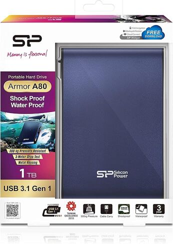 Silicon Power 1TB Rugged Portable External Hard Drive Armor A80, Waterproof USB 3.0 for PC, Mac, Xbox and PS4, Blue in Saudi Arabia