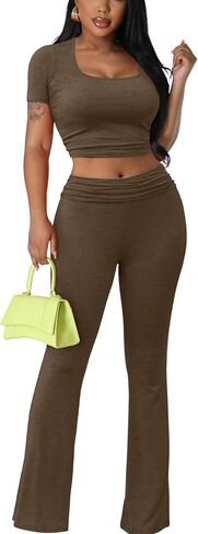 ملابس Ekaliy مكونة من قطعتين للنساء كاجوال برقبة مربعة وبنطلون مضلع طقم رياضي لليوجا in Kuwait