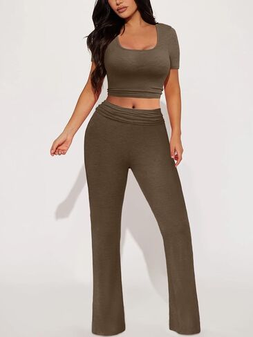 ملابس Ekaliy مكونة من قطعتين للنساء كاجوال برقبة مربعة وبنطلون مضلع طقم رياضي لليوجا in Kuwait