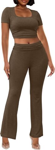 ملابس Ekaliy مكونة من قطعتين للنساء كاجوال برقبة مربعة وبنطلون مضلع طقم رياضي لليوجا in Kuwait