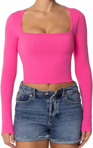 Sunzel Women's Cropped Long Sleeve Going Out Tops with Wide Square Neck Sexy Seamless Trendy Workout Yoga Casual Shirt in Saudi Arabia