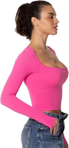Sunzel Women's Cropped Long Sleeve Going Out Tops with Wide Square Neck Sexy Seamless Trendy Workout Yoga Casual Shirt in Saudi Arabia