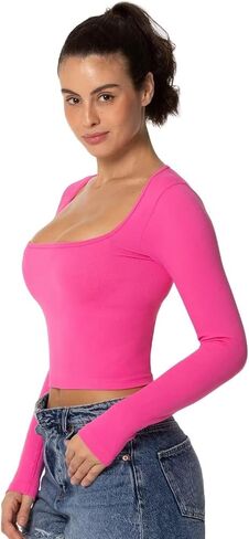 Sunzel Women's Cropped Long Sleeve Going Out Tops with Wide Square Neck Sexy Seamless Trendy Workout Yoga Casual Shirt in Saudi Arabia