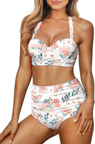 Floral Pattern Women Tummy Control High Waisted Bathing Suits Push Up Ruched Two-Piece Bikini Set in Saudi Arabia