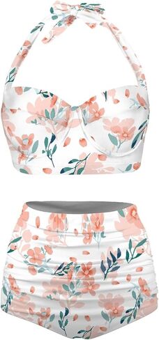 Floral Pattern Women Tummy Control High Waisted Bathing Suits Push Up Ruched Two-Piece Bikini Set in Saudi Arabia