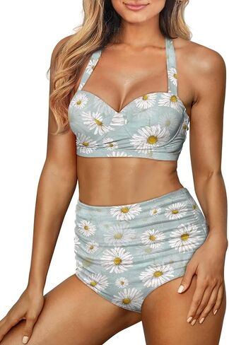 نمط الأزهار المرأة البطن السيطرة عالية مخصر الاستحمام الدعاوى رفع Ruched قطعتين بيكيني مجموعة in Kuwait