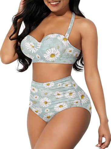 نمط الأزهار المرأة البطن السيطرة عالية مخصر الاستحمام الدعاوى رفع Ruched قطعتين بيكيني مجموعة in Kuwait