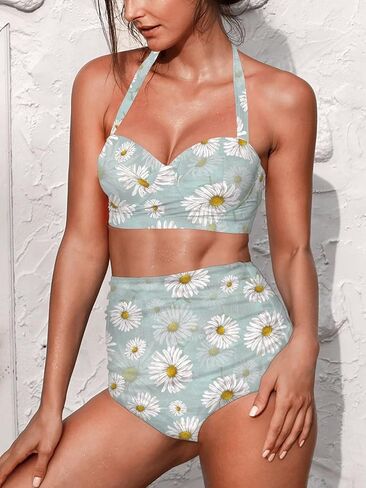 نمط الأزهار المرأة البطن السيطرة عالية مخصر الاستحمام الدعاوى رفع Ruched قطعتين بيكيني مجموعة in Kuwait