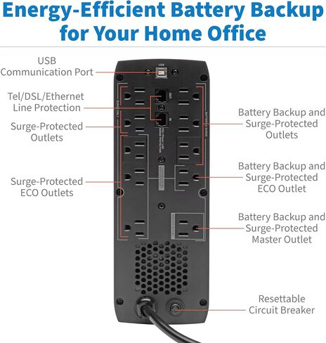 Tripp Lite 900VA UPS Battery Backup Surge Protector Efficient ENERGY-STAR Certified, AVR, 12-Outlet Uninterruptible Power Supply, Dataline Protection, 3-Year Warranty & 100,000 Insurance (ECO900UPSM) in Kuwait