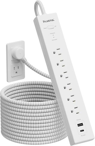 واقي التيار الكهربائي لقطاع الطاقة مع USB C PD 20W - سلك تمديد مضفر مسطح مع 6 منافذ تيار متردد 2 USB (1 USB C)، حامل على الحائط، 6 أقدام، 980 J، موسع منافذ متعدد التوصيل للمنزل والمكتب وغرفة النوم باللون الأسود in Kuwait