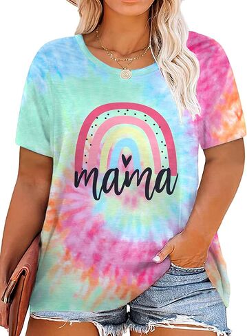 Plus Size Mama Shirt Women Cute Mama Rainbow Shirts Funny Mom Life Tshirt Pregnant Mom Tee Tops in Saudi Arabia