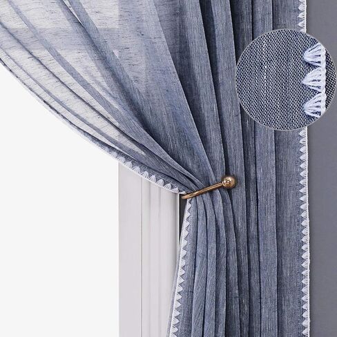 MISS SELECTEX Sheer Linen Curtains 72 Inches Length - Bordered Semi-Sheer Drapes Natural Textured Grommet Top Voile Window Curtains for Living Room and Boys Bedroom, Black, 52x72, Set of 2 Panels in Kuwait