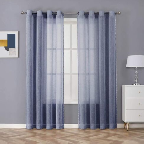 MISS SELECTEX Sheer Linen Curtains 72 Inches Length - Bordered Semi-Sheer Drapes Natural Textured Grommet Top Voile Window Curtains for Living Room and Boys Bedroom, Black, 52x72, Set of 2 Panels in Kuwait