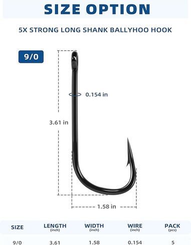 BLUEWING 5X Strong Long Shank Ballyhoo Hooks 5pcs Heavy Duty Needle Point Fishing Hooks High Carbon Steel Hooks Extra Sharp Fish Hooks for Freshwater Saltwater Fishing 9/0 in Saudi Arabia