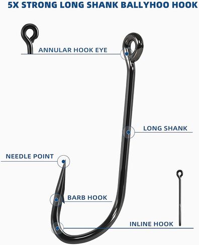 BLUEWING 5X Strong Long Shank Ballyhoo Hooks 5pcs Heavy Duty Needle Point Fishing Hooks High Carbon Steel Hooks Extra Sharp Fish Hooks for Freshwater Saltwater Fishing 9/0 in Saudi Arabia
