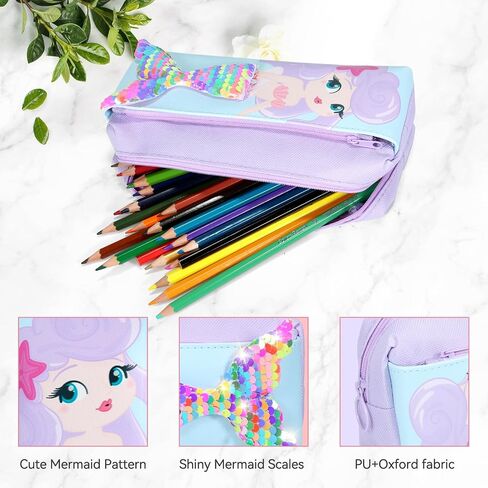 Cute Mermaid Pencil Pouch, Sparkly Pencil Bag for Girls Kids Students, Pencil Case with Reversible Sequins like Mermaid Scales, Glitter Bling School Supplies, Desk Organizer with Pen and Erasers in Saudi Arabia