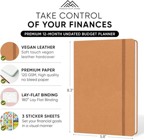 أفضل مخطط الميزانية وكتاب الميزانية لعام 2024 | مخطط مالي لمدة 12 شهرًا، منظم الفواتير الشهرية، متتبع الميزانية والديون والادخار والمصروفات مع ملصقات الميزانية | متجر الإنتاجية | أسود in Kuwait