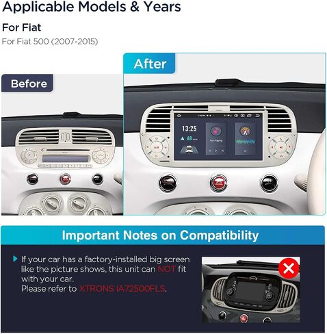 XTRONS Android 14 Car Stereo for Fiat 500 (2007-2015), 7 Inch Touch Screen Fiat 500 Replacement Head Unit with Gyroscope Built-in DSP GPS Navigation CarPlay Android Auto 4G LTE Bluetooth (4+64GB) in Saudi Arabia