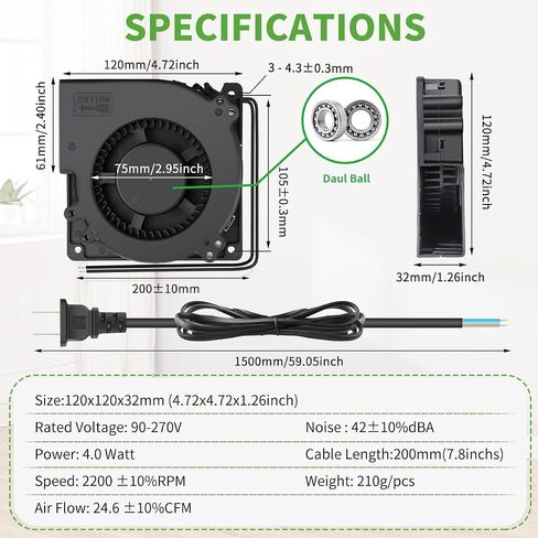 AC EC Powered 120mm x 32mm Radial Centrifugal Blower Fan 110V 115V 120V 220V 240V for Refrigerator Receiver DVR Xbox Modem AV Cabinet Cooling in Saudi Arabia