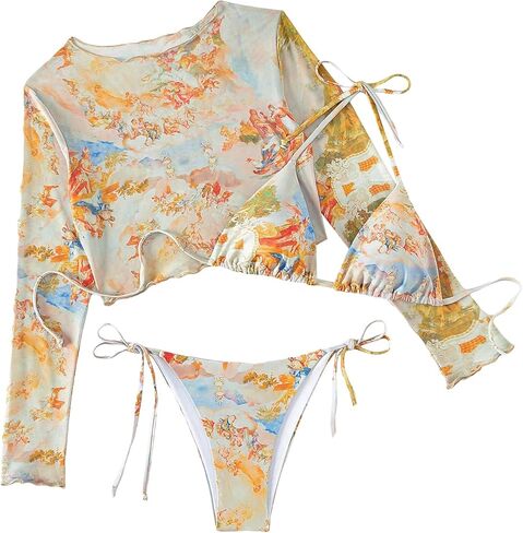 SHENHE Women's 3 Piece Halter Swimsuits Triangle Tie Side Cheeky Bikini Set with Cover Up in Saudi Arabia