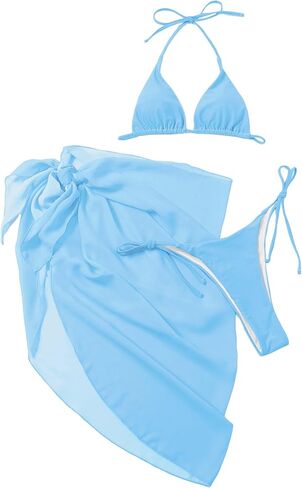 GORGLITTER Women's 3 Piece Bikini Sets Self Tie String Triangle Swimsuit with Knot Side Mesh Cover Up Skirt in Saudi Arabia