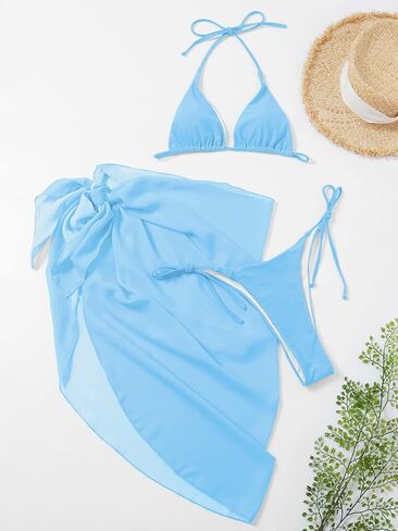 GORGLITTER Women's 3 Piece Bikini Sets Self Tie String Triangle Swimsuit with Knot Side Mesh Cover Up Skirt in Saudi Arabia
