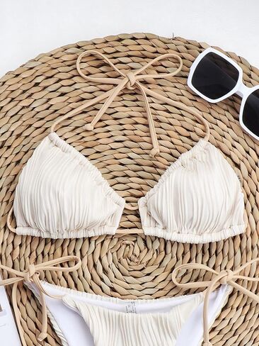 Verdusa Women's Two Piece Swimsuit Textured Frilled Cut Out Tie Back Halter Sexy Bikini Set in Kuwait