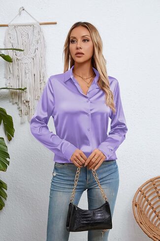 قمصان نسائية حريرية من الساتان بأزرار سفلية وأكمام طويلة، بلوزة كاجوال للعمل والمكتب in Kuwait