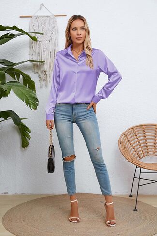 قمصان نسائية حريرية من الساتان بأزرار سفلية وأكمام طويلة، بلوزة كاجوال للعمل والمكتب in Kuwait