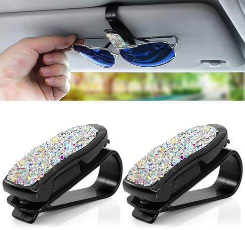 حامل نظارات بلينغ لواقي الشمس للسيارة، حامل نظارات شمسية للسيارة من حجر الراين الكريستالي الأنيق مع ملحقات مشبك بطاقة التذاكر للنساء والفتيات (عبوتان، أبيض) in Kuwait
