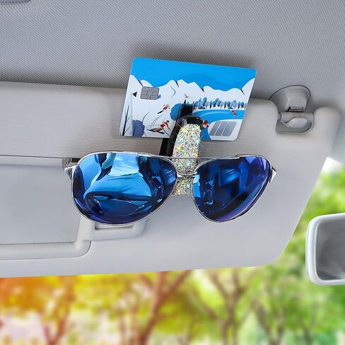 حامل نظارات بلينغ لواقي الشمس للسيارة، حامل نظارات شمسية للسيارة من حجر الراين الكريستالي الأنيق مع ملحقات مشبك بطاقة التذاكر للنساء والفتيات (عبوتان، أبيض) in Kuwait