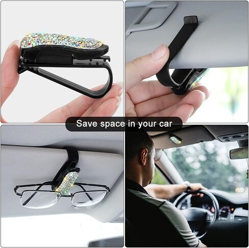 حامل نظارات بلينغ لواقي الشمس للسيارة، حامل نظارات شمسية للسيارة من حجر الراين الكريستالي الأنيق مع ملحقات مشبك بطاقة التذاكر للنساء والفتيات (عبوتان، أبيض) in Kuwait