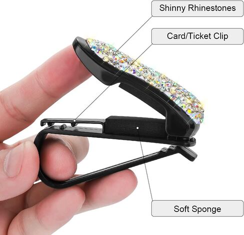 حامل نظارات بلينغ لواقي الشمس للسيارة، حامل نظارات شمسية للسيارة من حجر الراين الكريستالي الأنيق مع ملحقات مشبك بطاقة التذاكر للنساء والفتيات (عبوتان، أبيض) in Kuwait