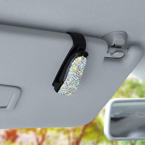 حامل نظارات بلينغ لواقي الشمس للسيارة، حامل نظارات شمسية للسيارة من حجر الراين الكريستالي الأنيق مع ملحقات مشبك بطاقة التذاكر للنساء والفتيات (عبوتان، أبيض) in Kuwait