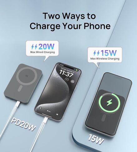 HINOVO 5000mAh Magnetic Wireless Power Bank, Transparent Portable Charger for iPhone, 20W PD Fast Charging Mag-Safe Battery Pack with USB-C for iPhone 15/14/13/12 Series - Black Mirror in Saudi Arabia