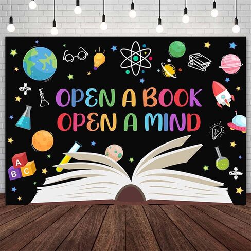 7x5ft Reading Day Backdrop Open a Book Open a Mind Background Book Reading Kids Students Classroom Elementary Library Decorations Banner Photo Studio Props in Saudi Arabia