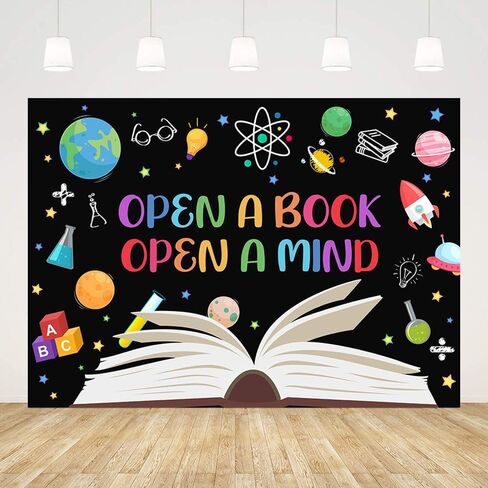 7x5ft Reading Day Backdrop Open a Book Open a Mind Background Book Reading Kids Students Classroom Elementary Library Decorations Banner Photo Studio Props in Saudi Arabia
