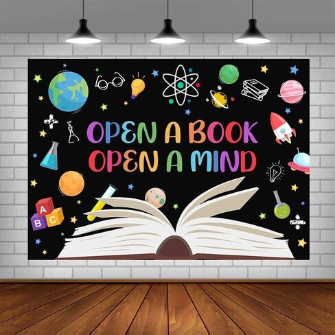 7x5ft Reading Day Backdrop Open a Book Open a Mind Background Book Reading Kids Students Classroom Elementary Library Decorations Banner Photo Studio Props in Saudi Arabia