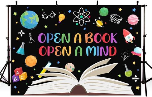 7x5ft Reading Day Backdrop Open a Book Open a Mind Background Book Reading Kids Students Classroom Elementary Library Decorations Banner Photo Studio Props in Saudi Arabia