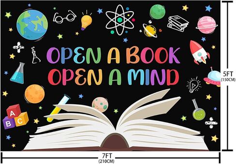 7x5ft Reading Day Backdrop Open a Book Open a Mind Background Book Reading Kids Students Classroom Elementary Library Decorations Banner Photo Studio Props in Saudi Arabia