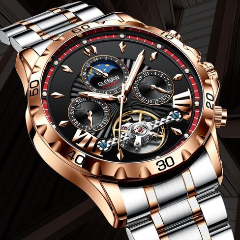 Automatic Watches for Men, Men's Mechanical Watch Multifunction 24 Hour Date Day Rotating Flywheel Waterproof Watches for Men in Saudi Arabia