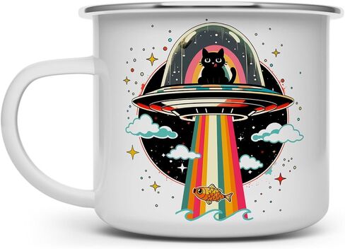 الرجعية UFO القط الأسماك اختطاف خارج الأرض خوارق المينا القدح المعسكر، متعة التخييم في الهواء الطلق فنجان القهوة (16oz) in Saudi Arabia