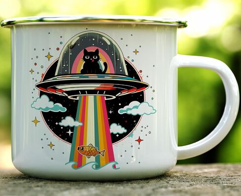الرجعية UFO القط الأسماك اختطاف خارج الأرض خوارق المينا القدح المعسكر، متعة التخييم في الهواء الطلق فنجان القهوة (16oz) in Saudi Arabia