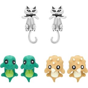 NEWITIN 3 أزواج لطيف الحيوان لدغة الأقراط للفتيات الأقراط هيبوالرجينيك 3D الطين الأقراط الكرتون ديناصور الفضة القط عض الأذن ترصيع متعة الأقراط القابلة للإزالة للفتيات النساء in Kuwait